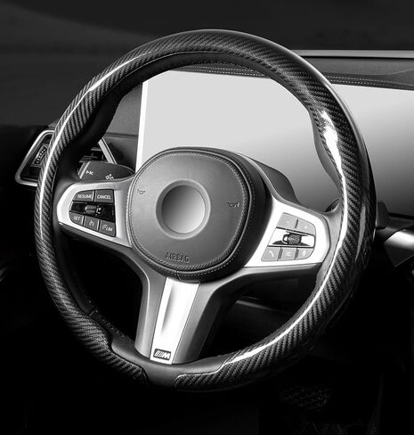 Universal Car Steering Wheel Cover 14.5-15 Inch, Black Leather Steering Wheel Covers for Men, Comfortable Anti-Slip Steering Wheel Accessories, Durable Car Wheel Cover (Black Carbon Fiber) in Saudi Arabia