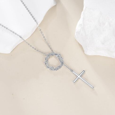 Cross Crown of Thorns Necklace 925 Sterling Silver Cross Crown Y Layered Pendant Religious Jewelry for Women Mother in Saudi Arabia