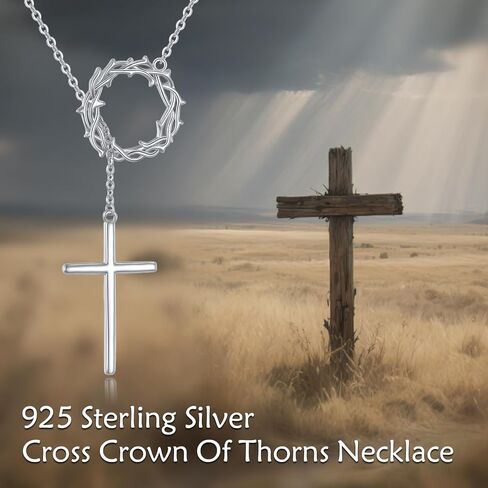 Cross Crown of Thorns Necklace 925 Sterling Silver Cross Crown Y Layered Pendant Religious Jewelry for Women Mother in Saudi Arabia
