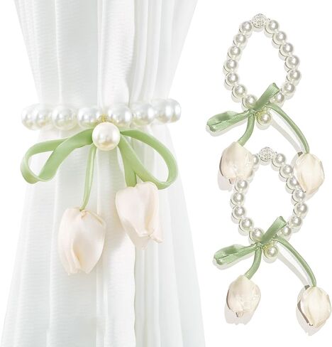 YUEDOUBN ستائر مغناطيسية، عبوتان من ستائر النوافذ، حاملات خلفية لربطات العنق مع أداة زهرة التوليب المطرزة باللؤلؤ، غرفة نوم منزلية مجانية، مكتب داخلي وخارجي، ديكور بوهو كريمي بيج in Kuwait