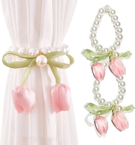 YUEDOUBN Magnetic Curtain Tiebacks, 2 Pack Window Curtain Treatment Holdbacks Tie Back Holders with Pearl Beaded Tulip Flower Tool Free Home Bedroom Office Indoor & Outdoor Decorative Boho Cream Beige in Saudi Arabia