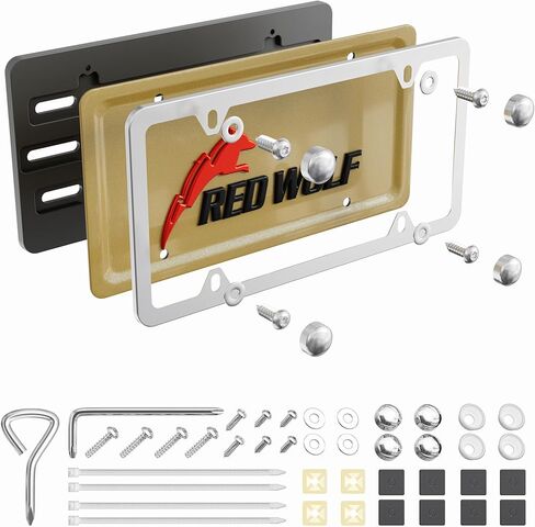 دعامة لوحة ترخيص السيارة من RED WOLF مع إطار لوحة ترخيص من الفولاذ المقاوم للصدأ المصقول بالكروم وغطاء علامة حامل ممتص الصدمات للمركبات، معدن شديد التحمل مقاوم للصدأ مع مجموعة تركيب in Saudi Arabia