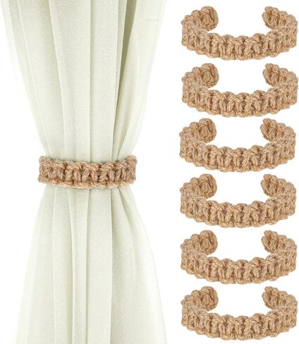 6 Pcs Boho Braided Curtain Tiebacks, Farmhouse Curtain Tiebacks Rustic Curtains Tie Backs Handmade Light Weight Drapes Holdbacks Flexible Burlap Rope Tie for Home Office Outdoor Bedroom Decorative in Saudi Arabia