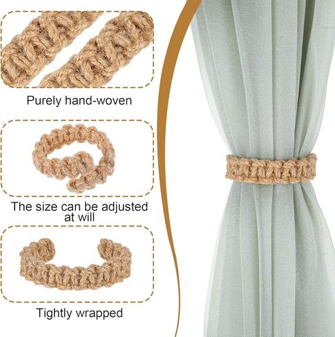6 Pcs Boho Braided Curtain Tiebacks, Farmhouse Curtain Tiebacks Rustic Curtains Tie Backs Handmade Light Weight Drapes Holdbacks Flexible Burlap Rope Tie for Home Office Outdoor Bedroom Decorative in Saudi Arabia