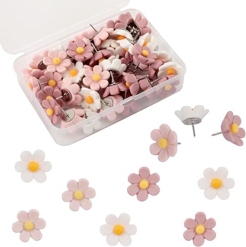 50 قطعة دبابيس دفع على شكل زهرة وردية وبيضاء لطيفة للوحة الإعلانات، لوازم لوحة الصلاة، لوحة الفلين، المكتب، المدرسة، ديكور المنزل، مسامير الإبهام للصور والخرائط وديكورات الجدران in Kuwait