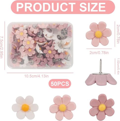 50 قطعة دبابيس دفع على شكل زهرة وردية وبيضاء لطيفة للوحة الإعلانات، لوازم لوحة الصلاة، لوحة الفلين، المكتب، المدرسة، ديكور المنزل، مسامير الإبهام للصور والخرائط وديكورات الجدران in Kuwait