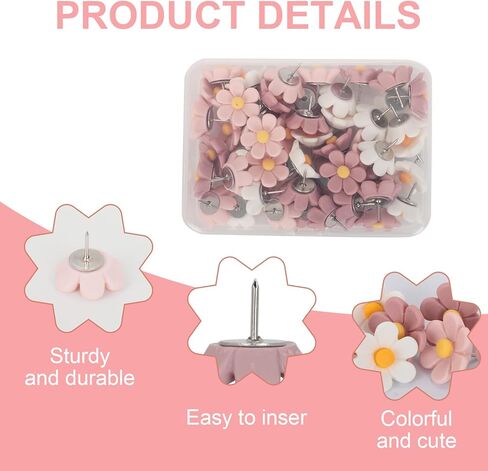 50 قطعة دبابيس دفع على شكل زهرة وردية وبيضاء لطيفة للوحة الإعلانات، لوازم لوحة الصلاة، لوحة الفلين، المكتب، المدرسة، ديكور المنزل، مسامير الإبهام للصور والخرائط وديكورات الجدران in Kuwait