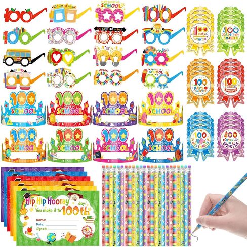 Containlol 164 Pcs 100th Day of School Awards Set Happy 100 Days of School Party Favors Supplies Paper Sunglasses Crowns Pencils Certification Stickers for Kids Teacher Classroom Preschool Award in Saudi Arabia