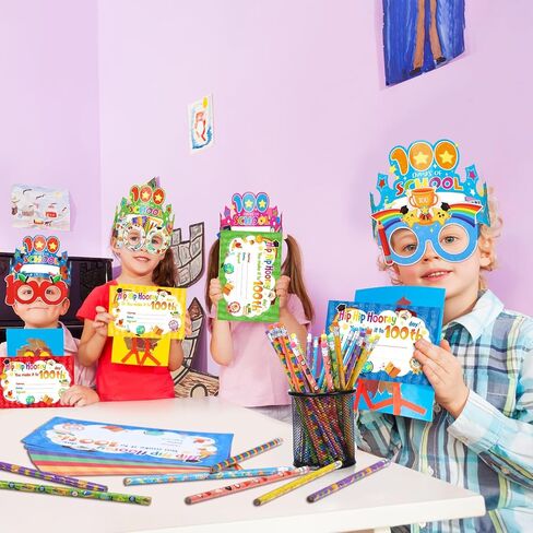 Containlol 164 Pcs 100th Day of School Awards Set Happy 100 Days of School Party Favors Supplies Paper Sunglasses Crowns Pencils Certification Stickers for Kids Teacher Classroom Preschool Award in Saudi Arabia