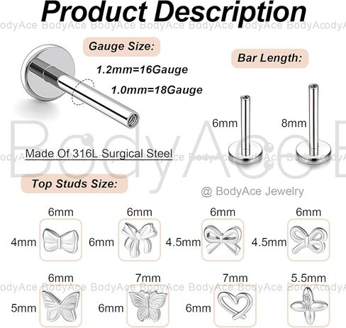 BodyAce 16g/18g Bow Flat Back Earrings Internal Thread Tragus Stud Piercing Helix Jewelry Bowknot Surgical Steel Cartilage Studs for Nose/Conch/Lip/Medusa/Labret Piercings in Saudi Arabia