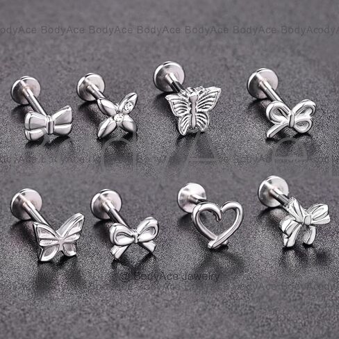 BodyAce 16g/18g Bow Flat Back Earrings Internal Thread Tragus Stud Piercing Helix Jewelry Bowknot Surgical Steel Cartilage Studs for Nose/Conch/Lip/Medusa/Labret Piercings in Saudi Arabia