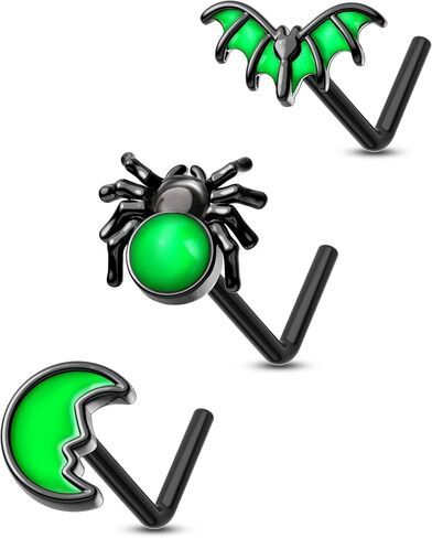 COCHARM 3PCS Halloween Nose Stud 20g Glow in the Dark Nose Ring Stud Black Bat Spider Moon Nostril Stud - L Shape, Black Green Surgical Steel Nostril Piercing Jewelry for Women Men in Saudi Arabia