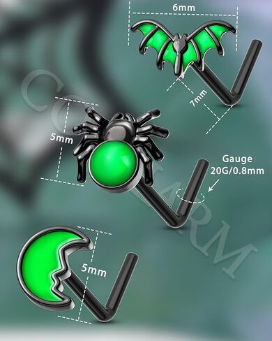 COCHARM 3PCS Halloween Nose Stud 20g Glow in the Dark Nose Ring Stud Black Bat Spider Moon Nostril Stud - L Shape, Black Green Surgical Steel Nostril Piercing Jewelry for Women Men in Saudi Arabia