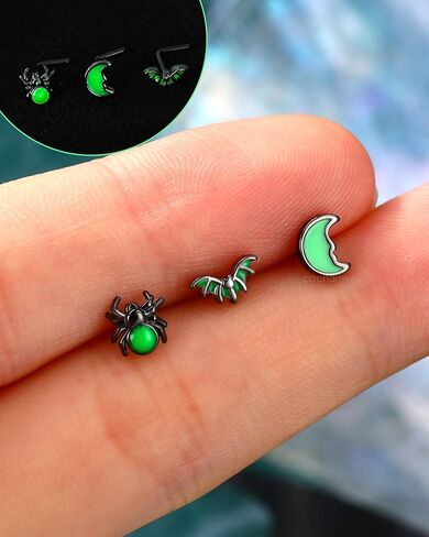 COCHARM 3PCS Halloween Nose Stud 20g Glow in the Dark Nose Ring Stud Black Bat Spider Moon Nostril Stud - L Shape, Black Green Surgical Steel Nostril Piercing Jewelry for Women Men in Saudi Arabia
