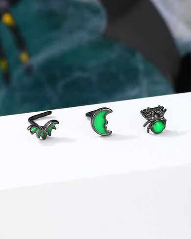 COCHARM 3PCS Halloween Nose Stud 20g Glow in the Dark Nose Ring Stud Black Bat Spider Moon Nostril Stud - L Shape, Black Green Surgical Steel Nostril Piercing Jewelry for Women Men in Saudi Arabia