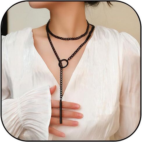 Black Heart O Ring Slip Chain Necklace for Women,Punk Cuban Gothic Rock Stainless Steel Adjustable Lariat Long Y-Necklace for Women Jewelry Gift in Saudi Arabia