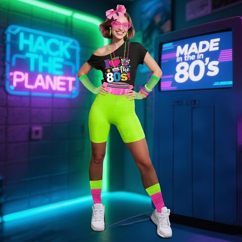 Xintorch 80s إكسسوارات للنساء 80s جوارب نيون ثلاثية الأبعاد حزمة مراوح الدانتيل عقال أقراط شبكة صيد السمك قفازات لحفلة 80 in Kuwait