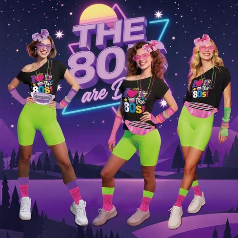 Xintorch 80s إكسسوارات للنساء 80s جوارب نيون ثلاثية الأبعاد حزمة مراوح الدانتيل عقال أقراط شبكة صيد السمك قفازات لحفلة 80 in Kuwait