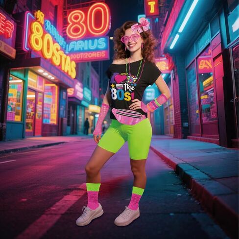 Xintorch 80s إكسسوارات للنساء 80s جوارب نيون ثلاثية الأبعاد حزمة مراوح الدانتيل عقال أقراط شبكة صيد السمك قفازات لحفلة 80 in Kuwait