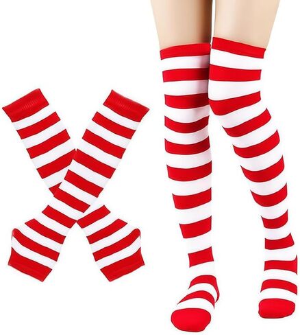 مجموعة من 2 جوارب مخططة باللونين الأحمر والأبيض وأكمام للفخذ والذراع، لتدفئة الذراع والساق تناسب زي القطط، ملحقات ملابس الحفلات للنساء in Kuwait