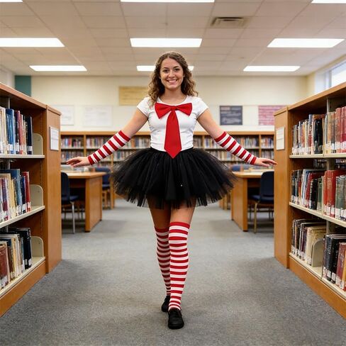 مجموعة من 2 جوارب مخططة باللونين الأحمر والأبيض وأكمام للفخذ والذراع، لتدفئة الذراع والساق تناسب زي القطط، ملحقات ملابس الحفلات للنساء in Kuwait