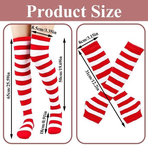مجموعة من 2 جوارب مخططة باللونين الأحمر والأبيض وأكمام للفخذ والذراع، لتدفئة الذراع والساق تناسب زي القطط، ملحقات ملابس الحفلات للنساء in Kuwait