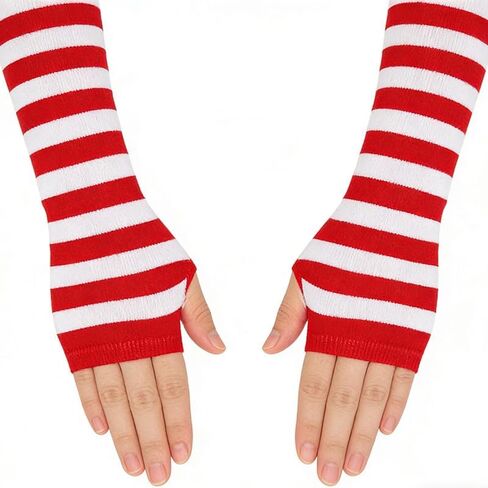 مجموعة من 2 جوارب مخططة باللونين الأحمر والأبيض وأكمام للفخذ والذراع، لتدفئة الذراع والساق تناسب زي القطط، ملحقات ملابس الحفلات للنساء in Kuwait