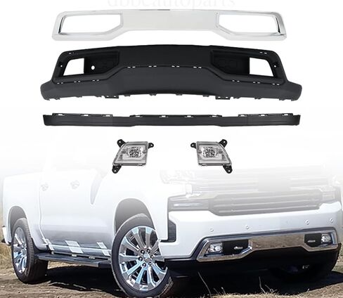 Front Lower Valance & Chrome Skid Plate w/Fog Lights Kit Compatible with Chevy 2019 2020 2021 Silverado 1500 (2019-22 Valance Kit) in Saudi Arabia