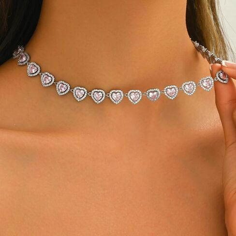 قلادات التنس للنساء، قلادة تنس على شكل قلب أنيق من الألماس عيار 18 قيراط مطلية بالذهب الأبيض زركونيا مكعبة للنساء العروس وعيد الميلاد والزفاف وعيد الحب in Kuwait