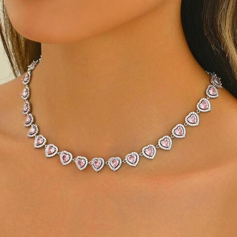قلادات التنس للنساء، قلادة تنس على شكل قلب أنيق من الألماس عيار 18 قيراط مطلية بالذهب الأبيض زركونيا مكعبة للنساء العروس وعيد الميلاد والزفاف وعيد الحب in Kuwait