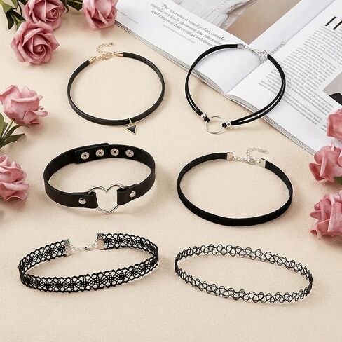 6 Pcs Black Choker Necklace, Adjustable Velvet Lace Tattoo Choker Set for Women, Gothic Classic Punk Y2K Necklace Jewelry Clothes Accessories for Decorating Styling in Saudi Arabia