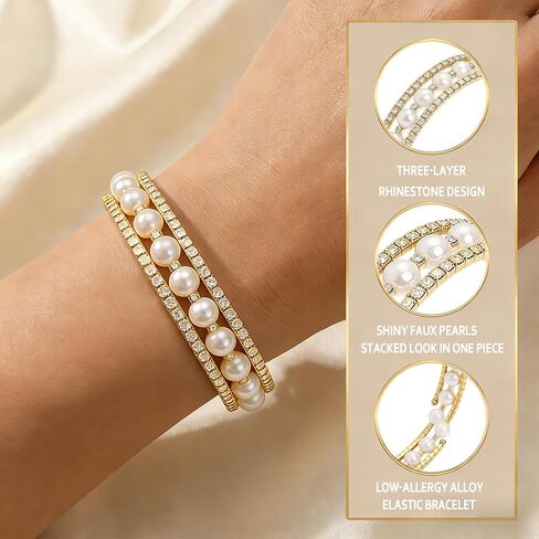 Pearl Stretch Cuff Bracelet for Women Silver Rhinestone Bracelets Adjusted Imitition Pearl Bracelet Festival Parties Wedding Brides Exquisite Jewelry Accessories in Saudi Arabia