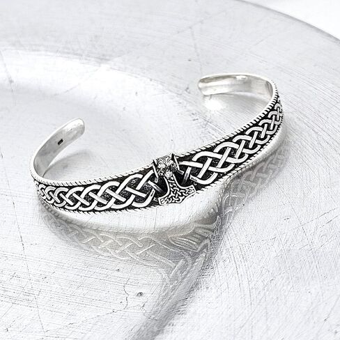 Women's 925 Sterling Silver Bangle Bracelet - Viking Wolf Thor's Hammer and Celtic Knot Bangle for Ladies and Men in Saudi Arabia