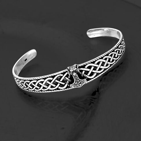 Women's 925 Sterling Silver Bangle Bracelet - Viking Wolf Thor's Hammer and Celtic Knot Bangle for Ladies and Men in Saudi Arabia