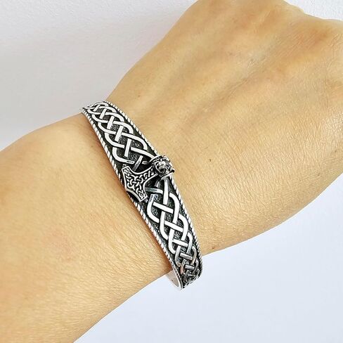 Women's 925 Sterling Silver Bangle Bracelet - Viking Wolf Thor's Hammer and Celtic Knot Bangle for Ladies and Men in Saudi Arabia