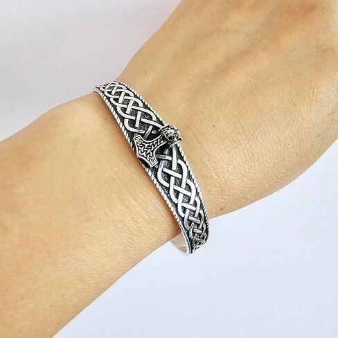 Women's 925 Sterling Silver Bangle Bracelet - Viking Wolf Thor's Hammer and Celtic Knot Bangle for Ladies and Men in Saudi Arabia