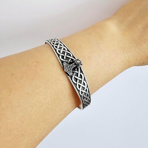 Women's 925 Sterling Silver Bangle Bracelet - Viking Wolf Thor's Hammer and Celtic Knot Bangle for Ladies and Men in Saudi Arabia