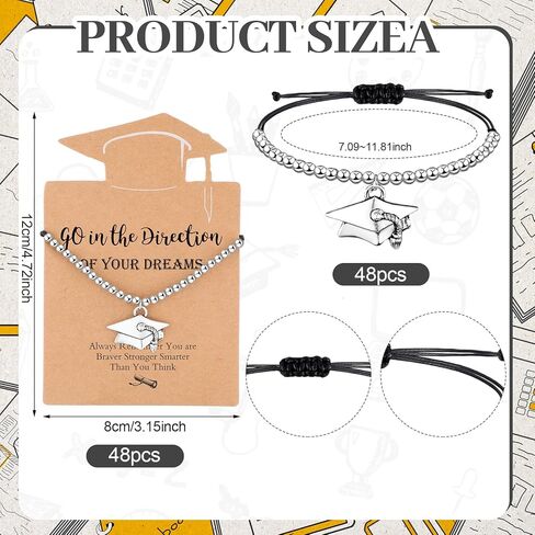 Remuuly 48 Sets Graduation Cap Bracelet Bulk 2026 End of Year Bracelet to Students from Teacher Friendship Gifts for Her and Him with Card 5th Seniors College High School for Gifts in Saudi Arabia