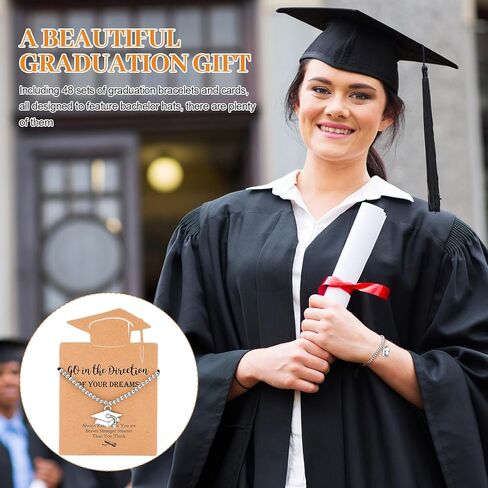 Remuuly 48 Sets Graduation Cap Bracelet Bulk 2026 End of Year Bracelet to Students from Teacher Friendship Gifts for Her and Him with Card 5th Seniors College High School for Gifts in Saudi Arabia