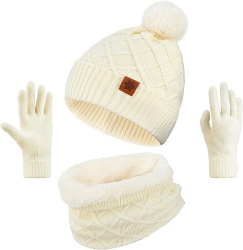 YARIEW Winter Hat Neck Warmer and Gloves Set for Women, Warm Knitted Beanie with Pom Pom, Soft Ear Warmer Scarf, Warm Gloves in Saudi Arabia