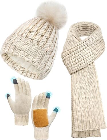مجموعة قفازات وشاح قبعة شتوية دافئة للنساء، قبعة شتوية مبطنة بالصوف 3 في 1 - قبعة نسائية حرارية بيج مع بوم in Kuwait