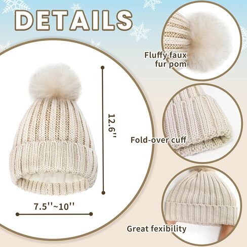 مجموعة قفازات وشاح قبعة شتوية دافئة للنساء، قبعة شتوية مبطنة بالصوف 3 في 1 - قبعة نسائية حرارية بيج مع بوم in Kuwait