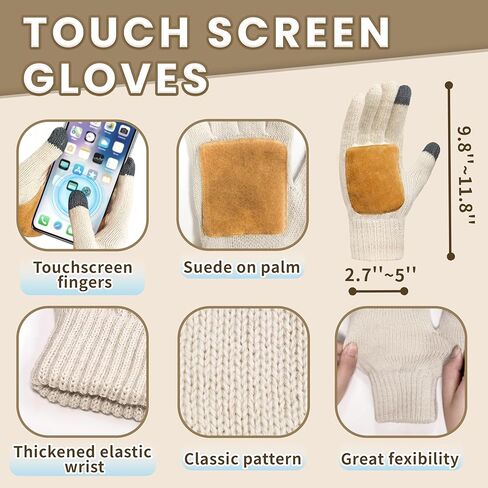 مجموعة قفازات وشاح قبعة شتوية دافئة للنساء، قبعة شتوية مبطنة بالصوف 3 في 1 - قبعة نسائية حرارية بيج مع بوم in Kuwait