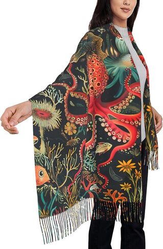 Octopus red Scarf for Women– Winter Shawl with Tassels, 77"x28" Large Wrap for Winter, Travel, Office, and Casual Wear in Saudi Arabia