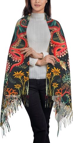 Octopus red Scarf for Women– Winter Shawl with Tassels, 77"x28" Large Wrap for Winter, Travel, Office, and Casual Wear in Saudi Arabia