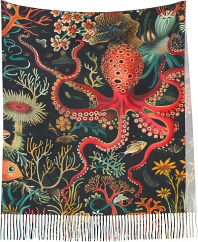 Octopus red Scarf for Women– Winter Shawl with Tassels, 77"x28" Large Wrap for Winter, Travel, Office, and Casual Wear in Saudi Arabia