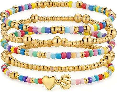 M MOOHAM Easter Gifts for Kids Toddlers Teens - Easter Basket Stuffers 5PCS Colorful Beaded Bracelets Cute Heart Initial Bracelet Stretch Bracelets Jewelry Set Birthday Gifts for Kids Teens Girls in Saudi Arabia
