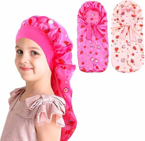 2PCS Girls Unicorn Hair Bonnet for Sleeping,Extra Long Satin Bonnet with Elastic Tie Band for Kids Braids Curly Hair in Kuwait