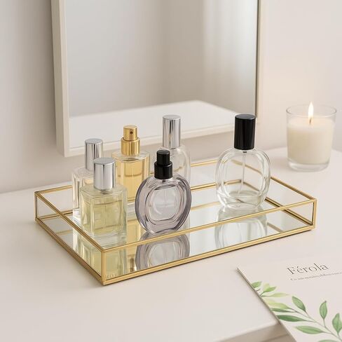 Feyarl Gold Glass Perfume Tray Mirror Vanity Jewelry Trinket Magazine Photo Organizer Ornate Cosmetic Makeup Display Decorative Coffee Table Tray for Home Decor Dresser Tabletop （11.8" x 8"） in Saudi Arabia