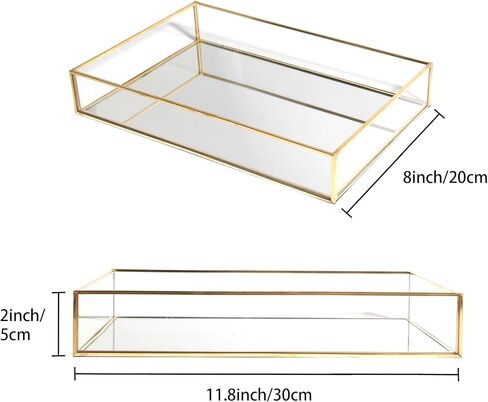 Feyarl Gold Glass Perfume Tray Mirror Vanity Jewelry Trinket Magazine Photo Organizer Ornate Cosmetic Makeup Display Decorative Coffee Table Tray for Home Decor Dresser Tabletop （11.8" x 8"） in Saudi Arabia